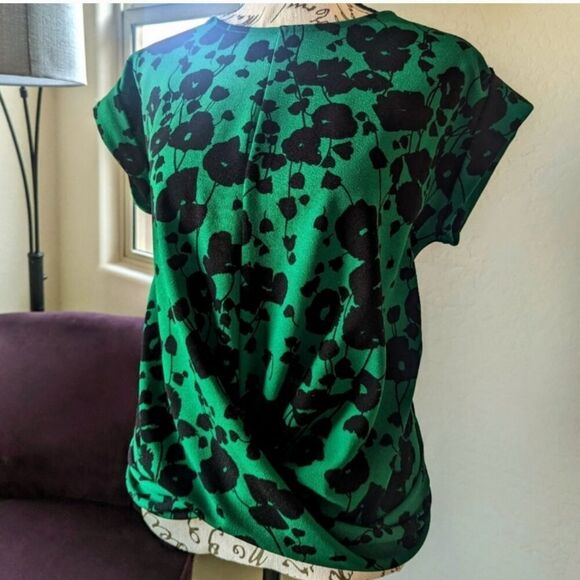 Pl worthington cap sleeve cuff floral print pattern green black blouse ladies - Picture 1 of 16